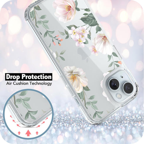 RANZ Case for iPhone 15, Anti-Scratch Shockproof Series Clear Hard PC + TPU Bumper Protective Cover Case for iPhone 15 (6.1") - White Magnolia Flo...