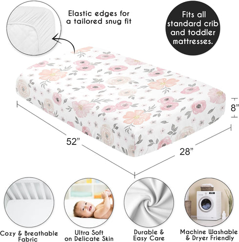 Sweet Jojo Designs Fitted Baby Crib Sheets (Pink/Grey Boho Floral) for Girls, Infant Nursery, Toddler Room - Standard Size (Blush, Rose, Gray, Flo...