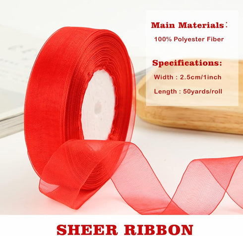1 inch Red Organza Ribbon, 50 Yard Sheer Chiffon Ribbon for Gift Wrapping, Transparent Wired Tulle Ribbon for Holiday Presents, Birthday Cards, We...