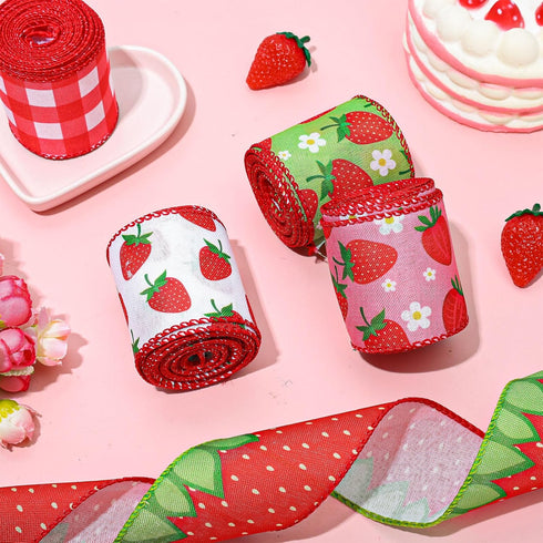 Whaline 5 Roll Strawberry Wired Ribbon 2.5 Inch Red Pink Green Strawberry Plaid Fabric Craft Ribbon Colorful Wired Edge Ribbon for Summer DIY Craf...
