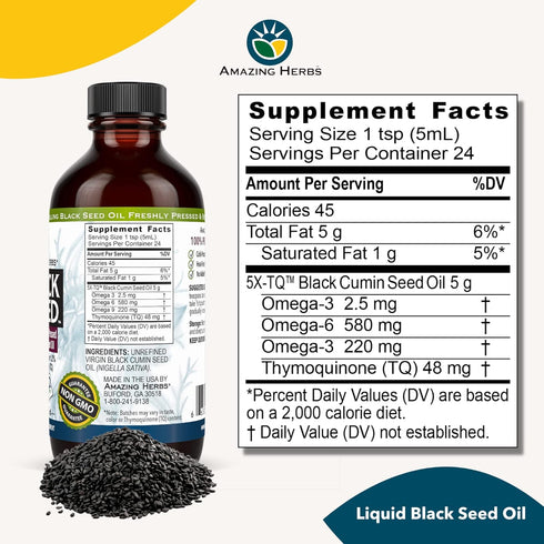 Amazing Herbs Premium Black Seed Oil - Gluten Free, Non GMO, Cold Pressed Nigella Sativa Aids in Digestive Health, Immune Support, Brain Function ...