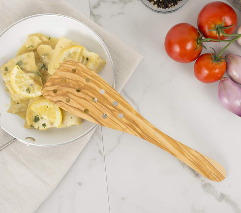 Eddington Italian Olive Wood Wide Pierced Spatula, Handcrafted in Europe, 12.5-Inches...