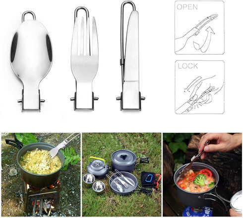 Camp Flatware Sets - Stainless Steel Spoon Fork Knife & Nylon Storage Bag - Foldable + Locking Handle - Ultralight Utensils for Backpacking/Hiking...