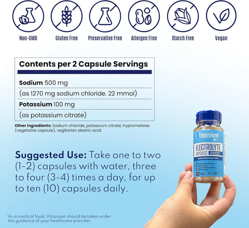 Vitassium Electrolyte Capsules, Electrolytes for Dietary Management of POTS Syndrome Symptoms (500mg Sodium - 100mg Potassium), Unflavored, 100 Bu...