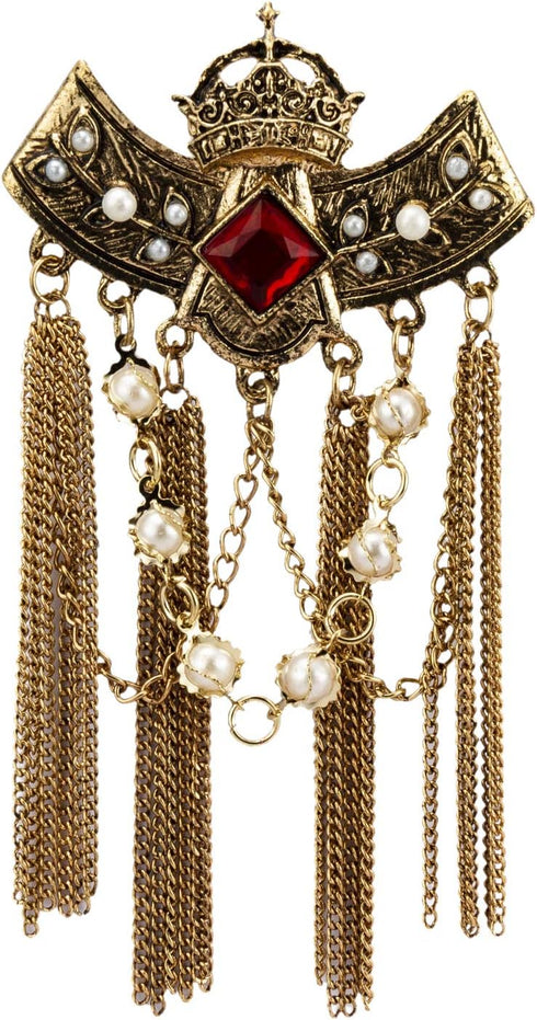 Knighthood Brooch Pin Red Crowned Stone with Hanging Chains and Pearl Brooch Suit Stud Lapel Pin Accessories for Men Women...