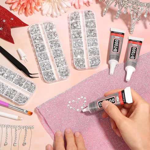 Rhinestones B7000 Glue with 14000Pcs Silver Diamonds for Crafts, Fabric Gem Glue Rhinestones Kit ss6-ss20 with Dotting Tools Clear Rhinestone for ...