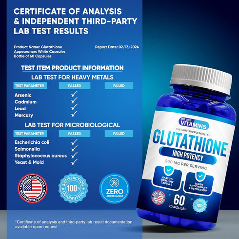 We Like Vitamins Glutathione 500mg Per Serving | Manufactured in USA | 60 Glutathione Capsules | Highly Bioavailable Reduced Glutathione Supplemen...