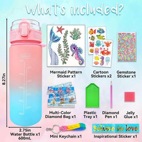 Decorate Your Own Water Bottle Kits for Girls Age 4-6-8-10,Mermaid Gem Diamond Painting Crafts,Fun Arts and Crafts Gifts Toys for Girls Birthday C...