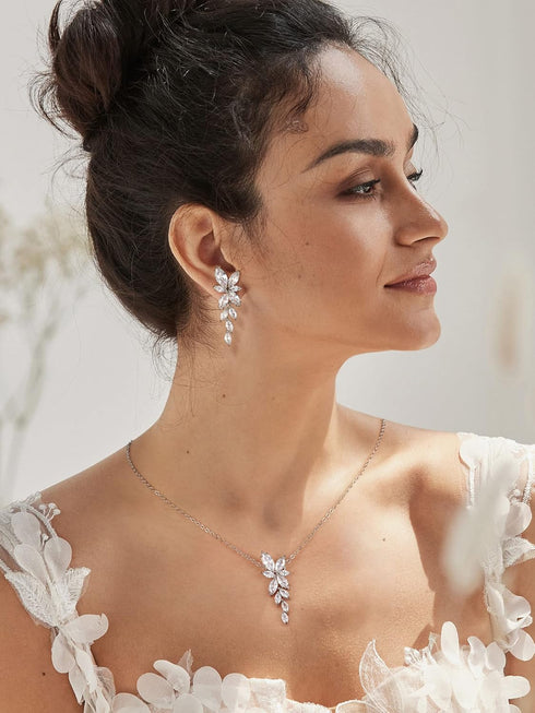SWEETV Wedding Jewelry for Bride Bridesmaids,Marquise Cubic Zirconia Necklace Earrings Set, Bridal Jewelry Set for Wedding Party...