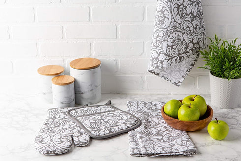 DII Quilted Kitchen Oven Mitt & Potholder Set, Hanging Loop for Convenient Storage, OM 6.5x12/PH 8x8.5, Gray Damask Print, 2 Piece...