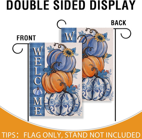 Welcome Fall Blue Pumpkin Small Decorative Garden Flag, Autumn Plaid Check Sunflower Yard Lawn Outside Decor, Thanksgiving Seasonal Burlap Outdoor...