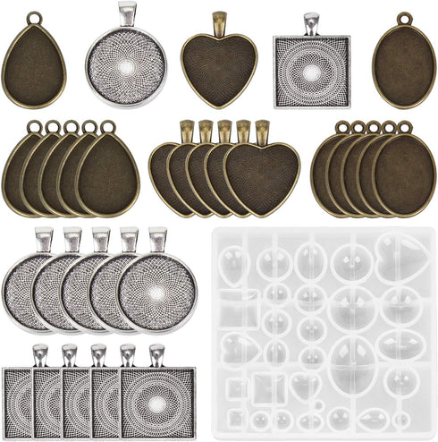 HOMEIDOL Resin Jewelry Molds Pendant Trays Making Kit with 30pcs 5 Styles Metal Pendants and 1pc Silicone Epoxy Casting Mold for Pendant Crafting ...