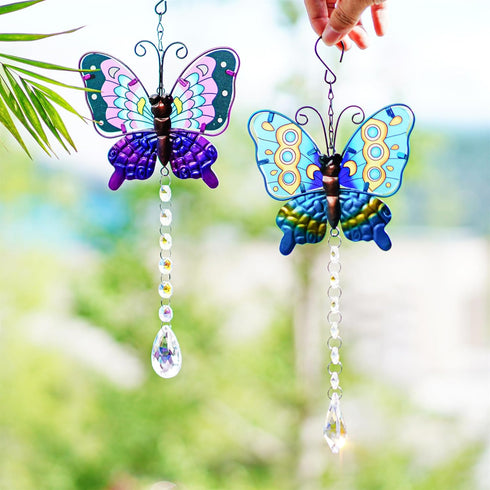 Set 2 Metal Butterfly Suncatchers for Windows - 14" Outdoor Fence Wall Art Decor, Rainbow Prisms Sun Catchers with Crystals Hanging for Home Garde...