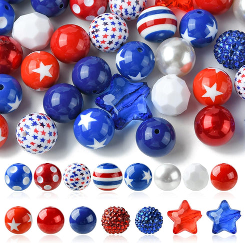 DanLingJewelry 50Pcs Random 20mm Acrylic Round Beads Independence Day Acrylic Beads Red White Blue Spacer Beads for Crafts Jewelry Making...