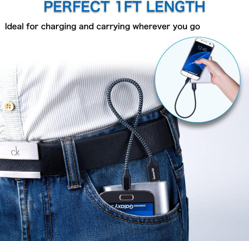 iSeekerKit Short Micro USB Cable 1Ft Nylon Braided Fast USB Charging Cord Compatible for External Battery Charger, Samsung, HTC, LG, Android and M...