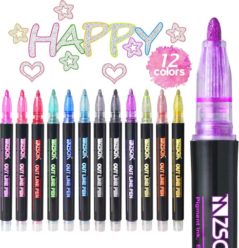 ZSCM 12 Colors Shimmer Glitter Markers Outline Pen, Teen Girl Gifts Trendy Stuff, Double Line Super Squiggles Metallic Glitter Pens, Art Supplies ...