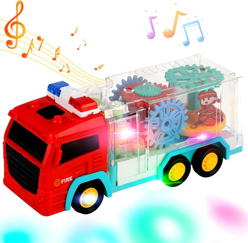 Light Up Sensory Car Toy for Kids,Transparent Gear Fire Truck Toy with Colorful Moving Gears Music and Lights Effects,Educational Tummy Time Toys ...
