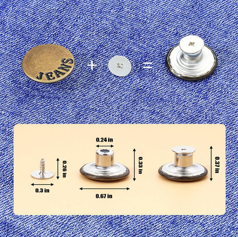 24 Sets Button Pins for Jeans, No-Sew Nailess Removable Instant Jean Button Pins for Pants, Reusable and Adjustable - Removable Screwdriver Includ...
