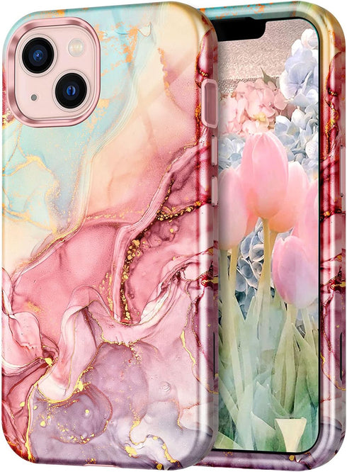 CASEFIV Compatible with iPhone 13 Case, Marble Pattern 3 in 1 Heavy Duty Shockproof Full Body Rugged Hard PC+Soft Silicone Drop Protective Girls W...