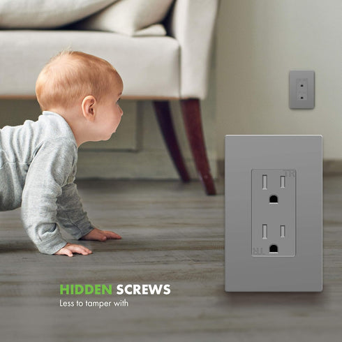ENERLITES Grey Screwless Decorator Wall Plate Child Safe Outlet, Size 1-Gang 4.68" H x 2.93" L Switch Cover, Unbreakable Polycarbonate Thermoplast...