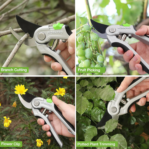 WORKPRO Bypass Pruning Shears, 8" Hand Pruners with Aluminum Handle, Stainless Steel & Sharp SK5 Blades, Professional Plant Snips Clippers for Flo...