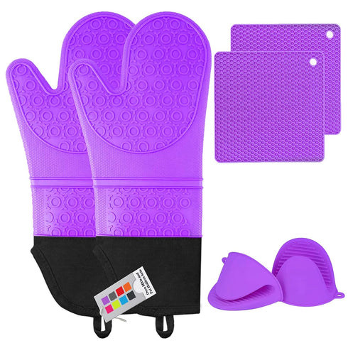 Silicone Oven Mitts and Pot Holders Sets, MTZRFLL Extra Long Heat Resistant Oven Gloves with Hot Pads and Mini Oven Mits Set for Kitchen Cooking B...