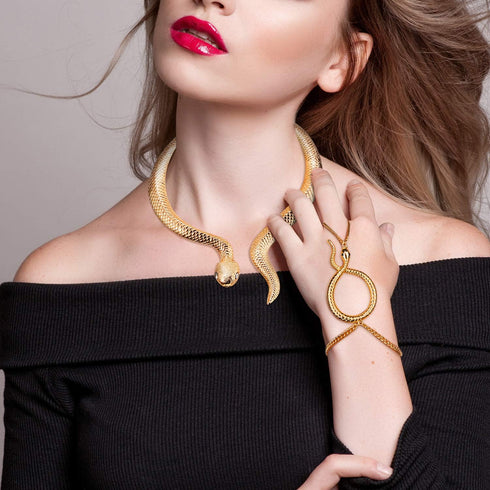 Hicarer Gold Snake Necklace Bracelet Set Adjustable Snake Choker Necklace Hand Chain Bracelet Finger Ring with Black Eyes Vintage Jewelry Set for ...