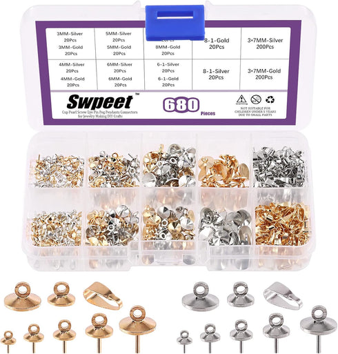 Swpeet 680Pcs Gold and Sliver 3mm 4mm 5mm 6mm 8mm Cup Pearl Screw Eye Pin Bail Peg Pendants with 7mm Pendant Charm Clasps Connector Kit, Perfect f...