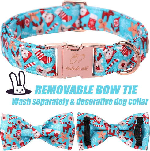 Christmas Dog Collars for Small Dog with Bow Tie,Blue Dog Collar with Safety Metal Buckle Adjustable Puppy Collars for Medium Large Dog,Boy&Girl&m...