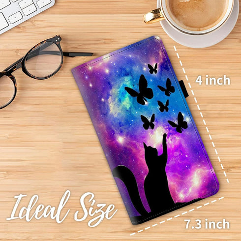 Checkbook Cover for Women Men Premium Leather Check Book Holder Wallet with RFID Blocking Function and Elastic Band, Galaxy Butterfly Cat...