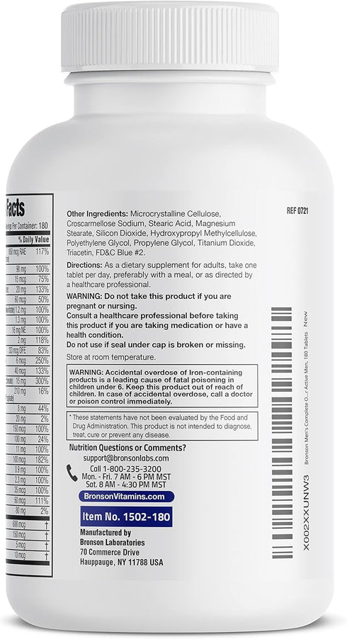 Bronson ONE Daily Men’s Complete Multivitamin Multimineral Once-Daily Multi for Active Men, 180 Tablets...