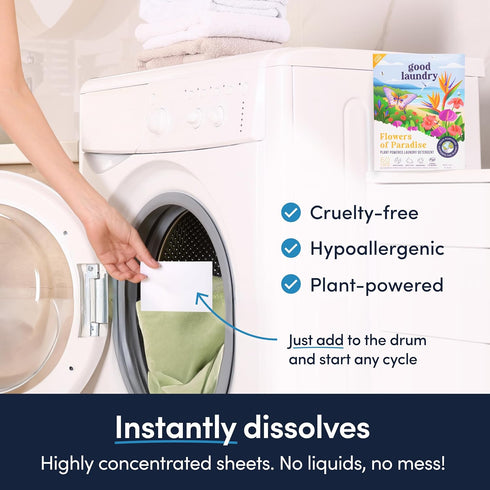 Detergent Sheets - Flowers of Paradise Scented (60 Loads) - Eco-Friendly Laundry Detergent Sheets, Hypoallergenic, No Plastic Jugs or Waste - Base...