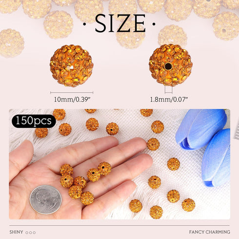 150 pcs 10mm Rhinestone Beads for Crafting, Golden Shiny Round Shamballa Disco Beads Bulk, Fancy Sparkle Crystal Clay Bead for Necklace Bracelet E...