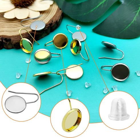 120Pcs 12mm Blank Bezel Earrings Setting,Earrings Wire Hooks Stud Earring Kit includes 20Pcs Cabochon Setting Bezel Blank 100Pcs Rubber Earring Ba...