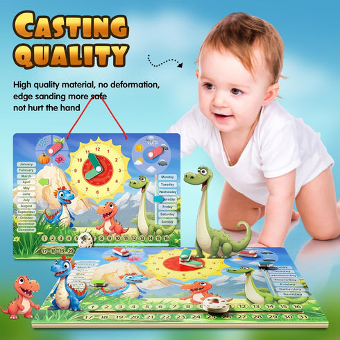6 in 1Dinosaur Shaped Montessori Wooden Calendar Clock, Early Learning Educational Games Teaching Clock for Learning The Time, Date, Days of The W...