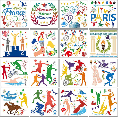 HOWAF 16pcs International Sports Go for The Gold Stencils, International Flags of The World Painting Stencils Decoration,2024 Paris Summer Games P...