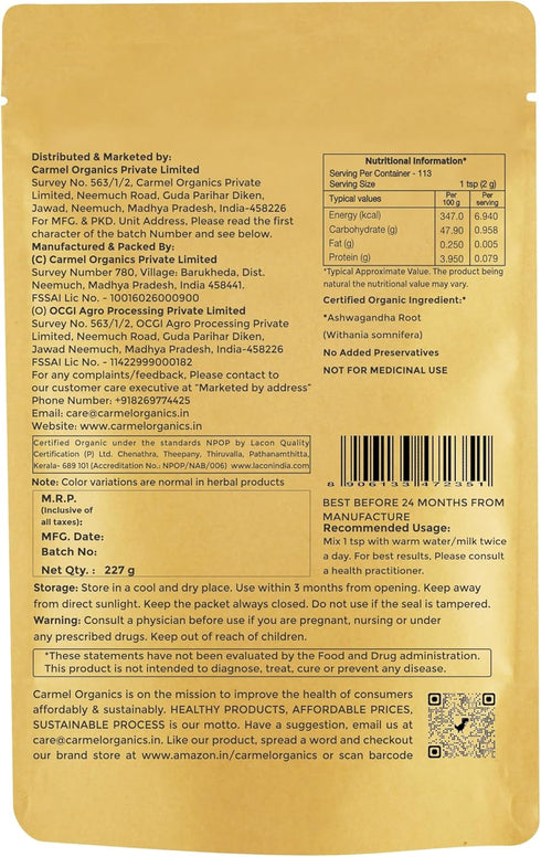 CARMEL ORGANICS Organic Ashwagandha Root Powder (8 Oz or 227g/0.5 Lbs) USDA Certified. Lab Tested, Non GMO & Gluten Free | Withania Somnifera from...