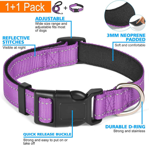 Reflective Dog Collar Padded with Soft Neoprene Breathable Adjustable Nylon Dog Collars for Small Medium Large Dogs (X-Small (Pack of 1), Purple C...