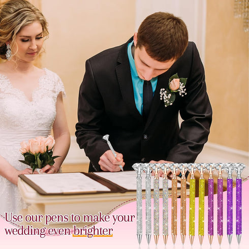 12 Pcs Big Diamond Pens with Crystal Bling Rhinestone Pen Metal Diamond Ballpoint Pens Black Rhinestone Ink Pens for Women Wedding Bridal Shower f...