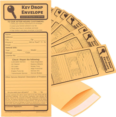 50 Key Drop Off Envelopes for After Hours – Auto Shop Repair/Service Drop Box Overnight Envelopes - Automotive Mechanic Car Drop Off for Overnight...