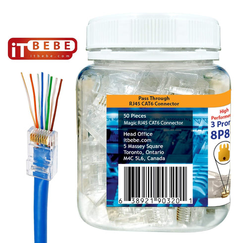ITBEBE 50 Pieces RJ45 Cat6 Pass Through Connectors - Gold Plated Transparent Passthrough Ethernet Insert Crimp Connector UTP Network Plug for 24 A...