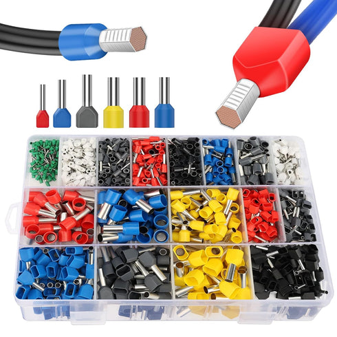 Lytool Double Wire Ferrule Kit,1200pcs Ferrules Terminal Set, Insulated Ferrule Crimp Pin, Twin Ferrule Connectors Wire Ends Terminals Pins, Singl...