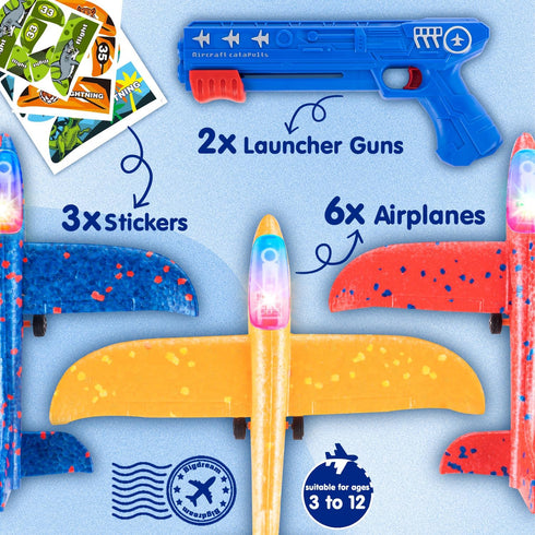 6 Pack LED Airplane Launcher Toys with 2 Launchers, 2 Flight Mode Glider Catapult Plane with Stickers, Flying Outdoor Toys for 3 4 5 6 7 8 9 10 11...