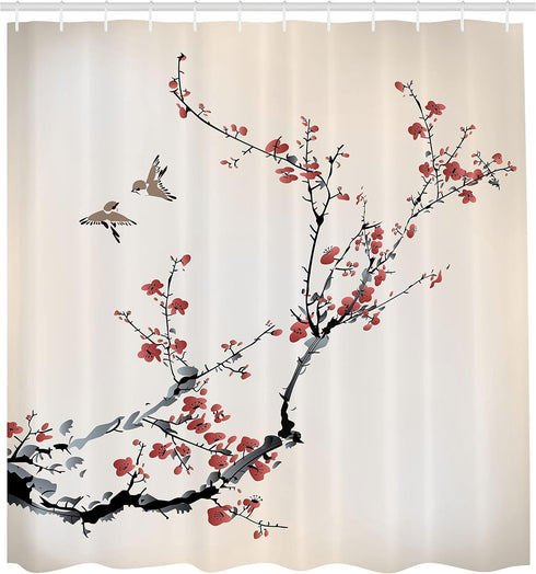 Ambesonne Nature Shower Curtain, Flowers Buds Birds with Cherry Branches Style Art Painting Effect, Cloth Fabric Bath Decoration for Bathroom Hous...