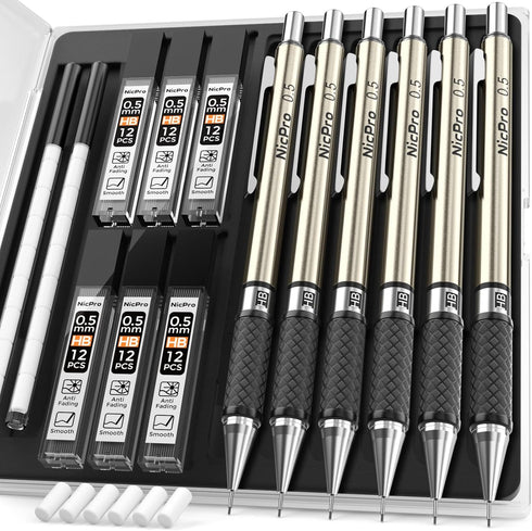 Nicpro 0.5 mm Art Mechanical Pencils Set in Gift Case, 6 PCS Metal Drafting Pencil 0.5mm with 6 Tube HB Lead Refills & 18 PCS Eraser Refills for A...