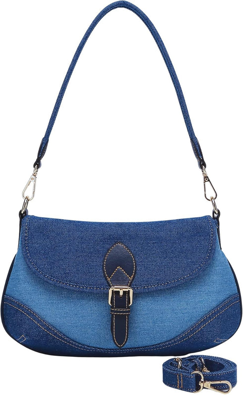 Denim Handbag for Women -Girl's Shoulder Bag Elegant Blue Jean CanvasTote Cute Small Chic Clutch with Secure Buckle Closure-2 Straps (Fixed and Ad...