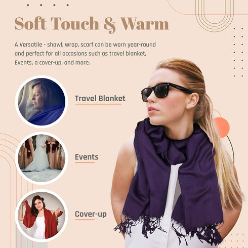 Plum Feathers Premium Solid Color and Metallic Fashion Scarf, Womens Pashmina Shawl Wrap with Fringes...
