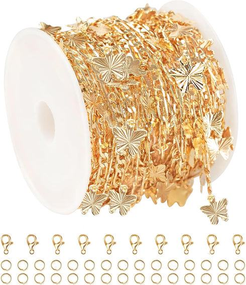 KYUNHOO 16.4FT/5M Jewelry Chains for Making Jewelry Flat Figaro Chain Links with Butterfly Decoration Gold Plated Brass Chain Roll Chains Bulk for...