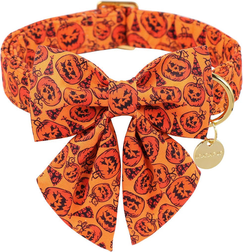 Halloween Dog Collar with Bow Tie, Pumpkin Cotton Bowtie Collar for Puppy Girl Dog or Cat, Halloween Bow Tie Collar with Durable Metal Buckle, Ado...