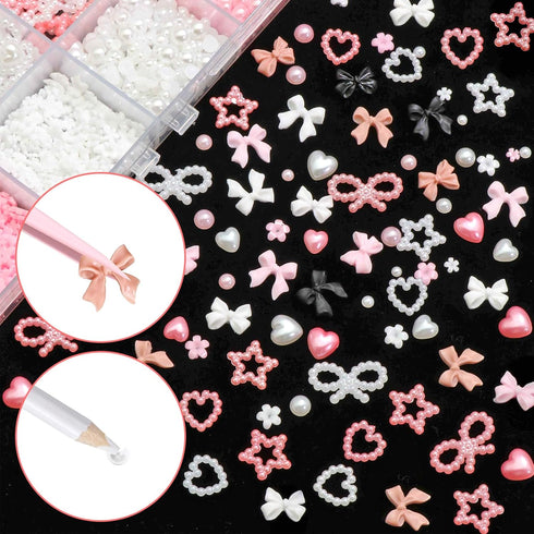 BELICEY 3D Bow Nail Charms 600PCS Flowers Nail Charm Pink&White Flatback Pearls Beads Star Heart Bowknot Cute Nail Charms Nail Supplies Accessorie...